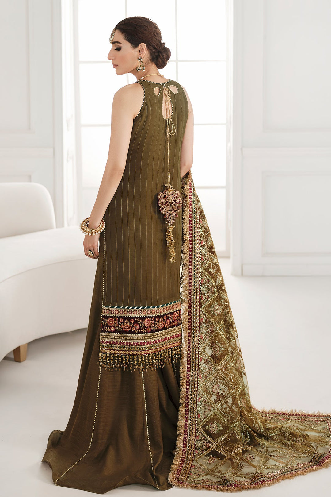 Kameez Trouser Olive Green Pakistani Party Dress