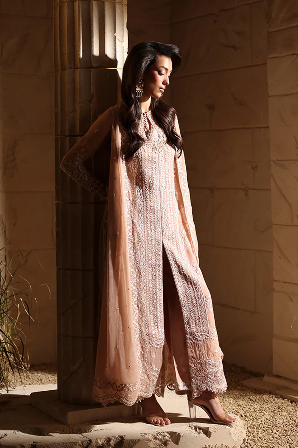 Elegant Tea Pink Hand Embellished Chiffon Pakistani Party Dress