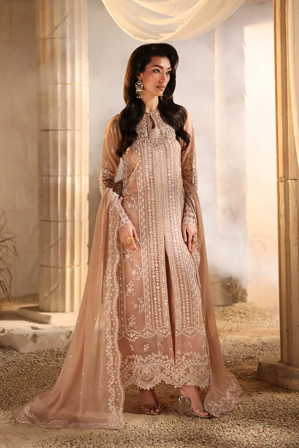 Elegant Tea Pink Hand Embellished Chiffon Pakistani Party Dress