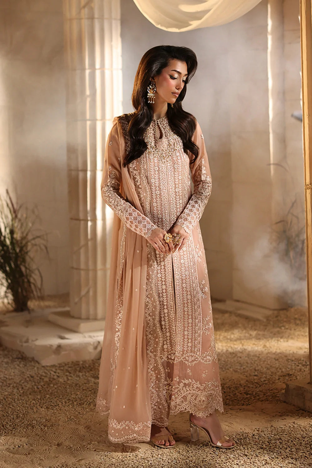 Elegant Tea Pink Hand Embellished Chiffon Pakistani Party Dress
