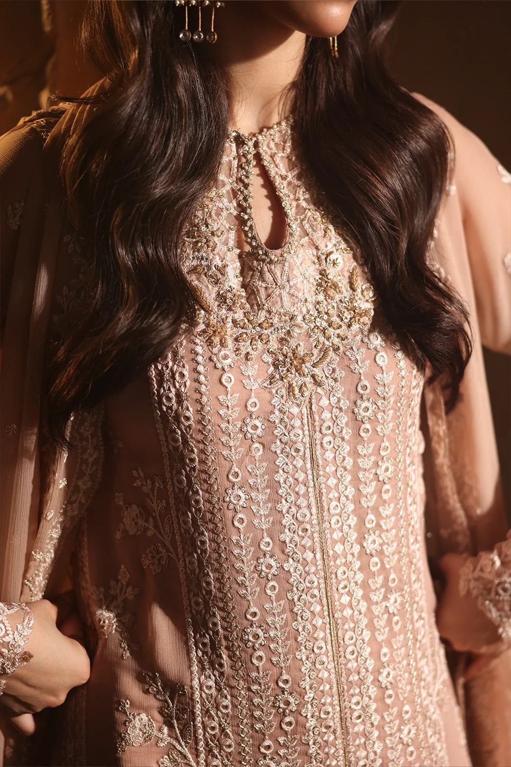 Elegant Tea Pink Hand Embellished Chiffon Pakistani Party Dress