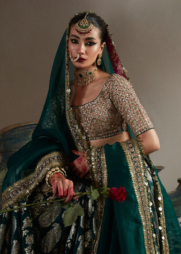 Latest Bridal Mehndi Dress in Green Lehenga and Choli Style