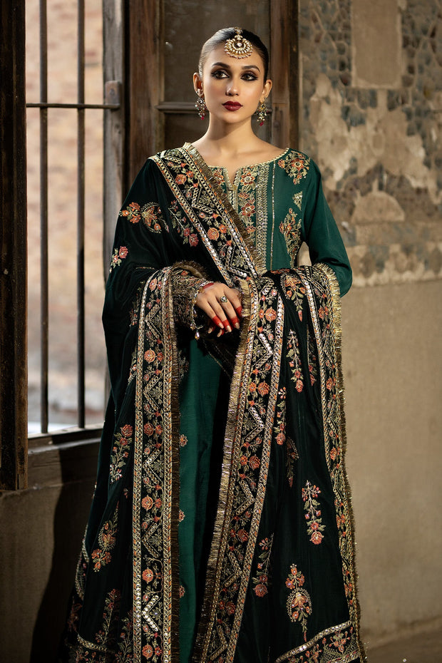 Latest Classic Dark Green Embroidered Pakistani Wedding Dress Shawl Frock