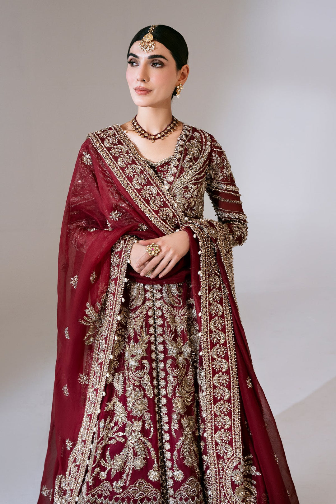 Latest Deep Red Kalidaar Lehenga Style Pakistani Bridal Dress