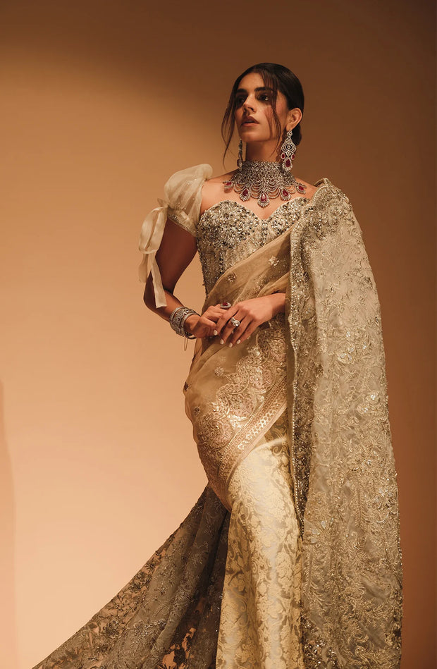 Latest Embellished Golden Saree Style Pakistani Bridal Dress