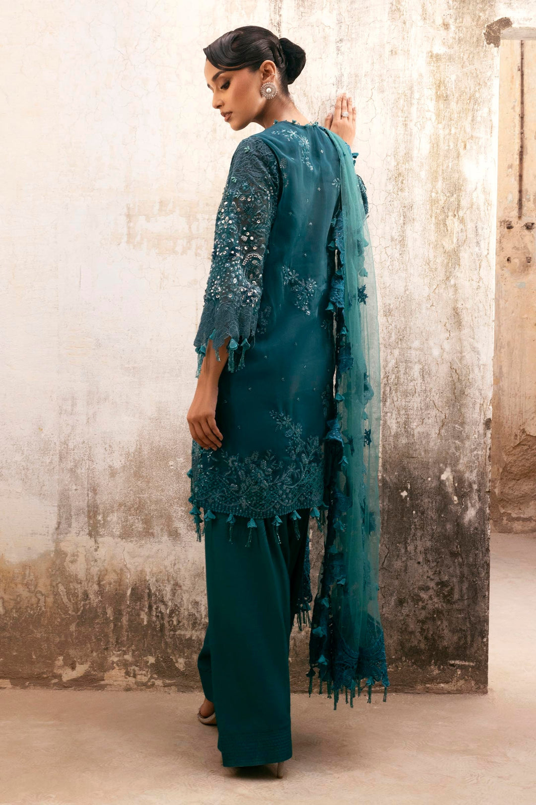 Embellished emerald green organza Pakistani Party Dress