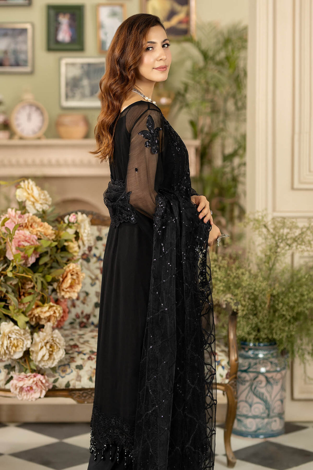 Latest Embroidered Black Pakistani Kameez Trouser and Dupatta