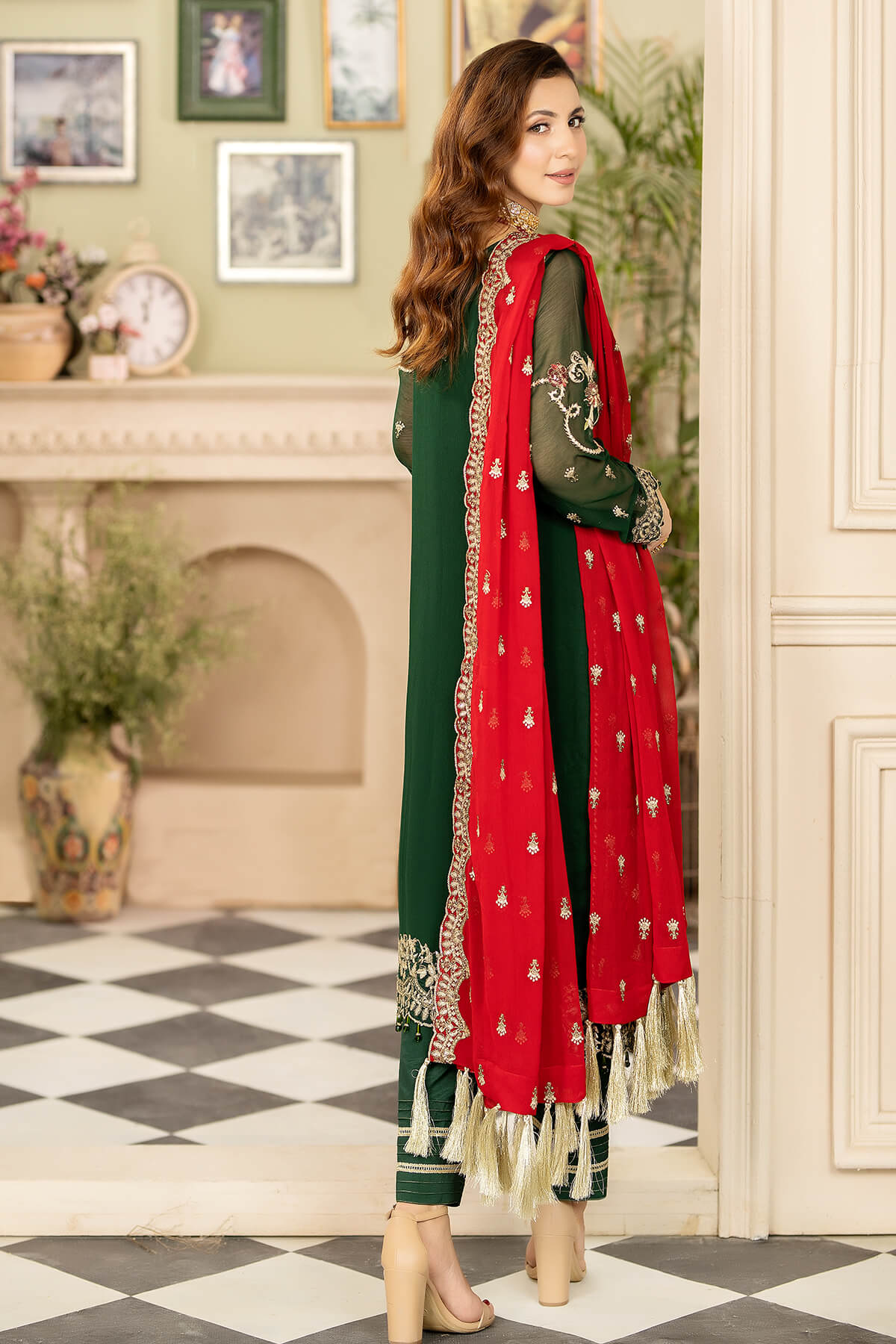 Embroidered Green Pakistani Salwar Kameez and Dupatta Nameera by Farooq