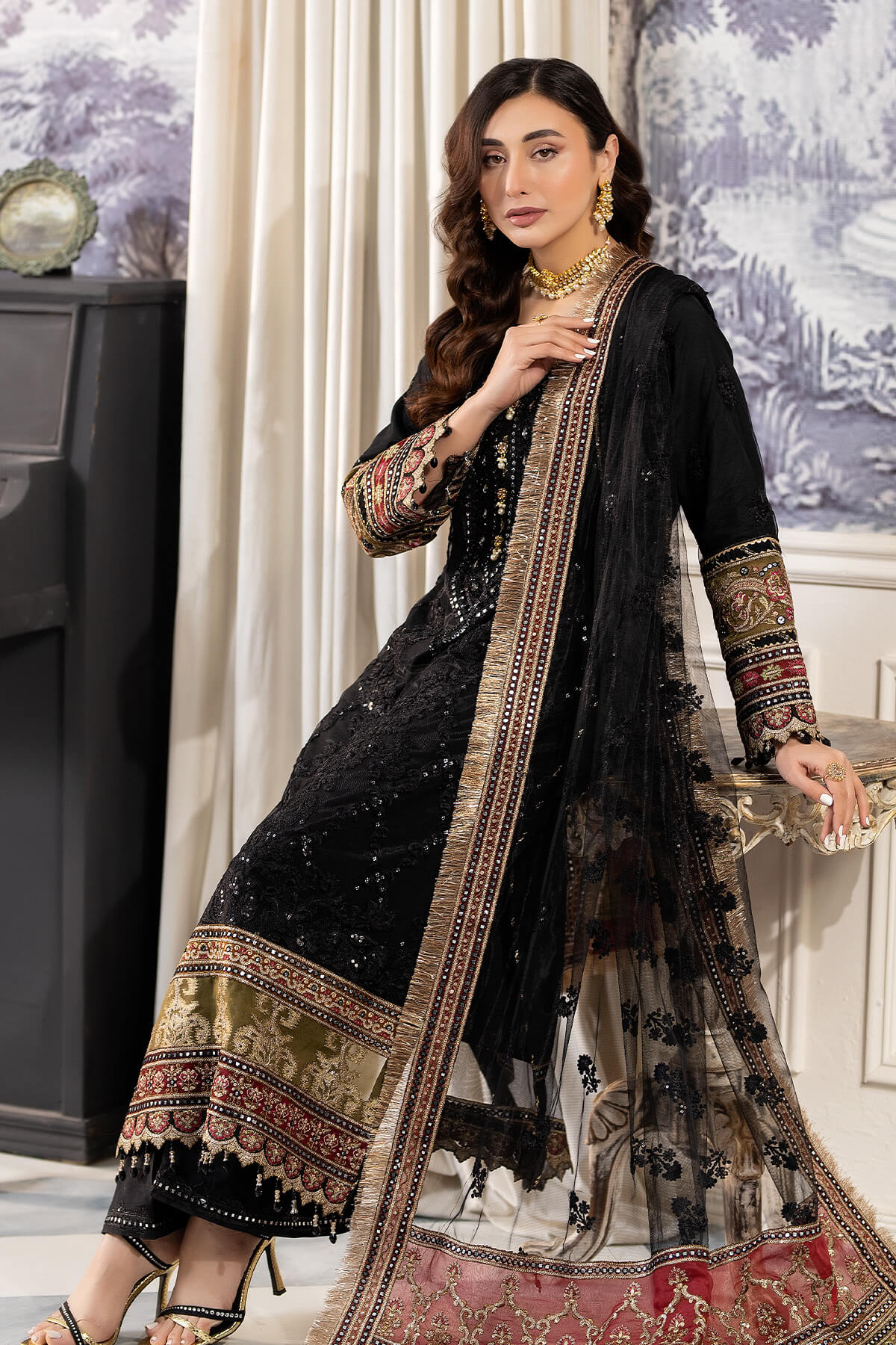 Pakistani Black Dress Design 2026.Embroidered Salwar Kameez Style Pakistani Black Dress - Nameera by Farooq
