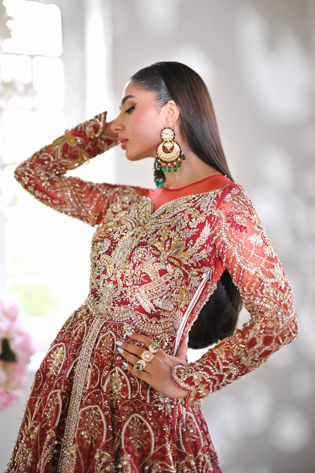 Latest Front Open Gown and Lehenga Red Pakistani Bridal Dress