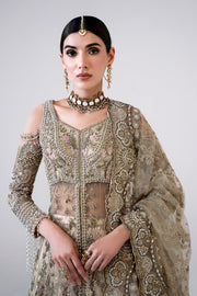 Latest Gold Pakistani Bridal Dress in Gown and Lehenga Style
