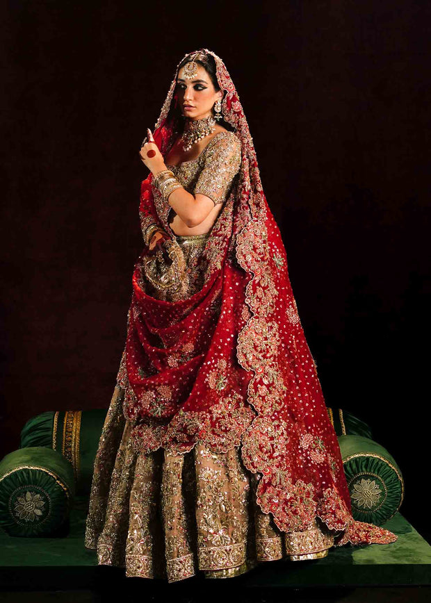 Latest Golden Lehenga Choli with Maroon Dupatta for Wedding