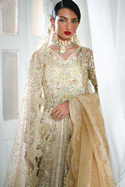 Latest Golden Pakistani Bridal Dress in Gown Lehenga Style