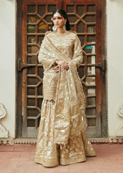 Latest Golden Pakistani Wedding Dress in Kameez Gharara Style