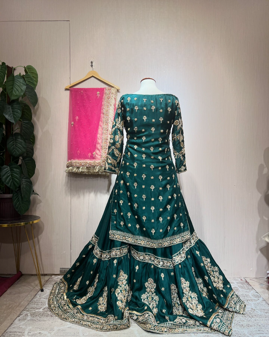 Latest Green Pakistani Bridal Dress in Kameez Lehenga Style