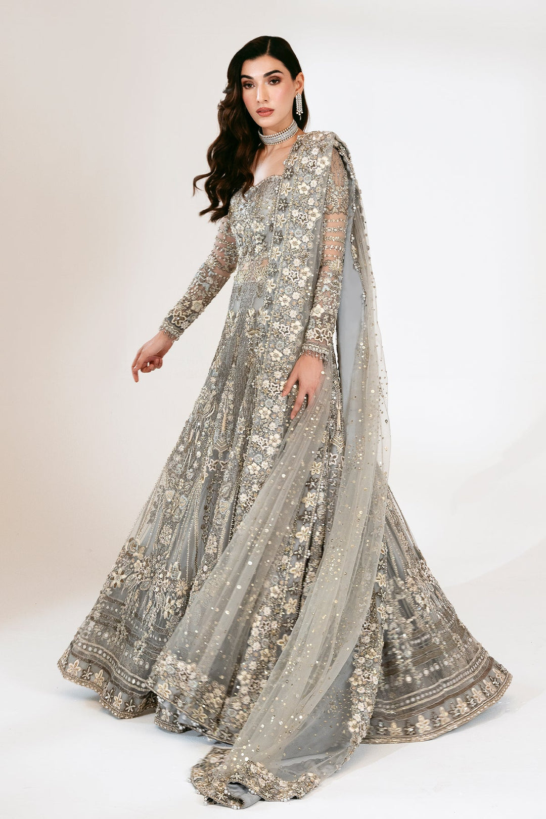 Latest Grey Pakistani Bridal Dress in Gown and Lehenga Style