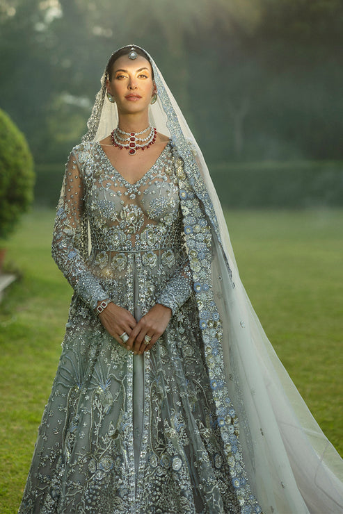 Latest Ice Blue Pakistani Bridal Dress in Gown Lehenga Style