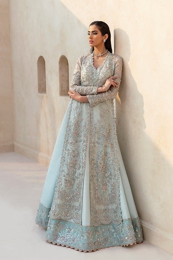 blue and gold indian wedding dress in Lehenga Gown Dupatta Style – Nameera by Farooq a masterpiece designed for