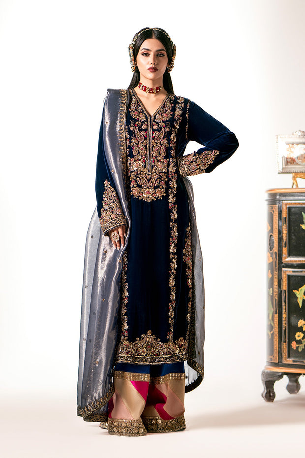 Latest Kameez Trouser Style Deep Blue Pakistani Wedding Dress