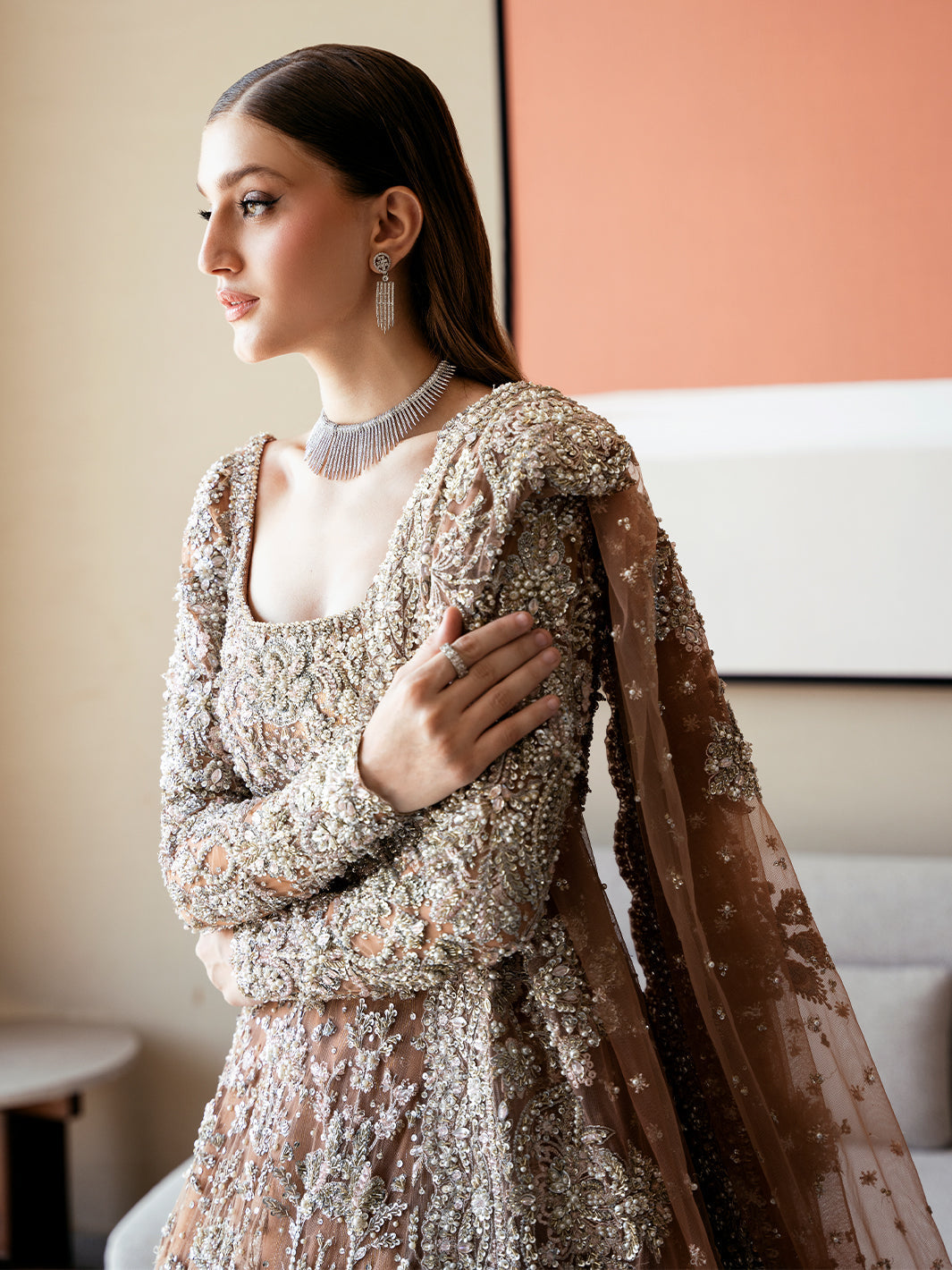 Elegant Ash Brown Pakistani Bridal Pishwas & Lehenga Set