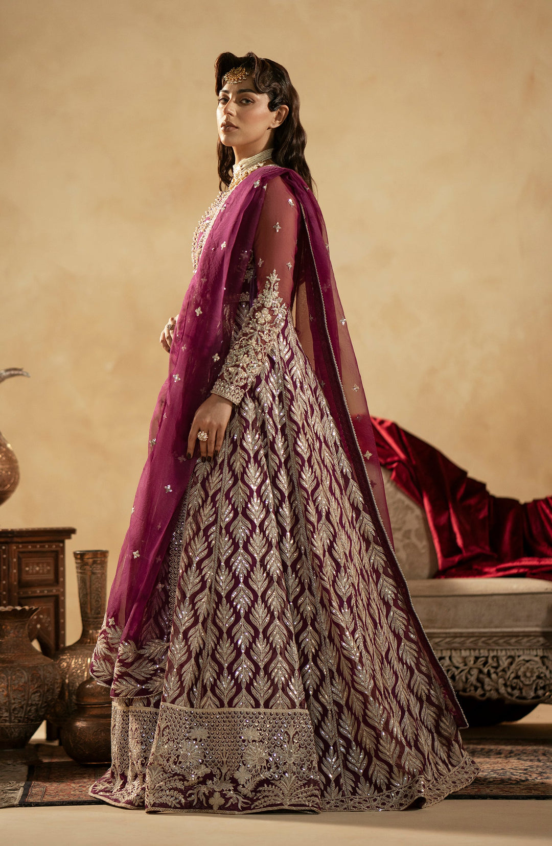 Latest Luxury Magenta Shade Pakistani Wedding Dress in Kalidar Pishwas Style
