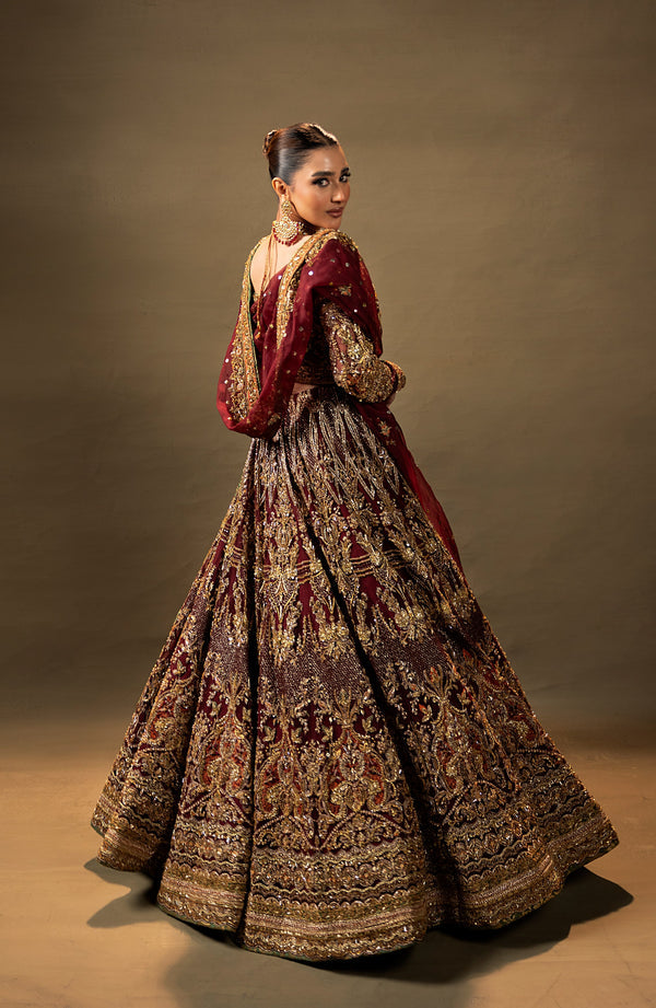 Latest Maroon Pakistani Bridal Dress in Choli Lehenga Style