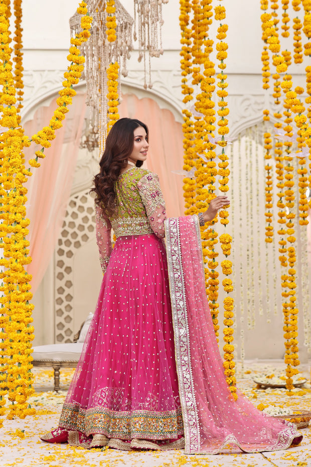 Latest Mehndi Dress in Open Pishwas Frock and Lehenga Style