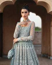 Latest Mint Blue Pishwas Lehenga Style Pakistani Bridal Dress