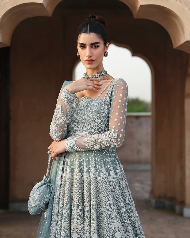Latest Mint Blue Pishwas Lehenga Style Pakistani Bridal Dress