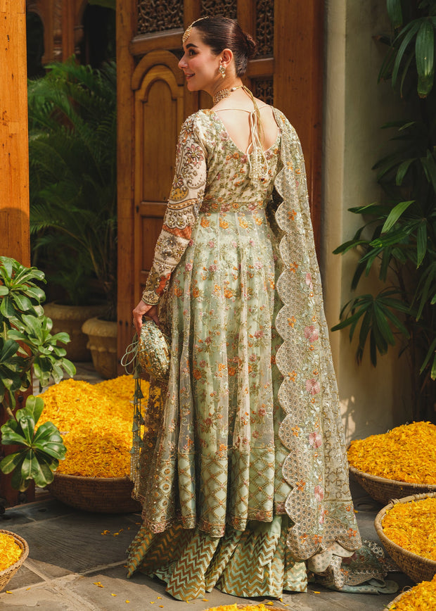 Latest Mint Green Embroidered Pakistani Wedding Dress Pishwas Sharara Style