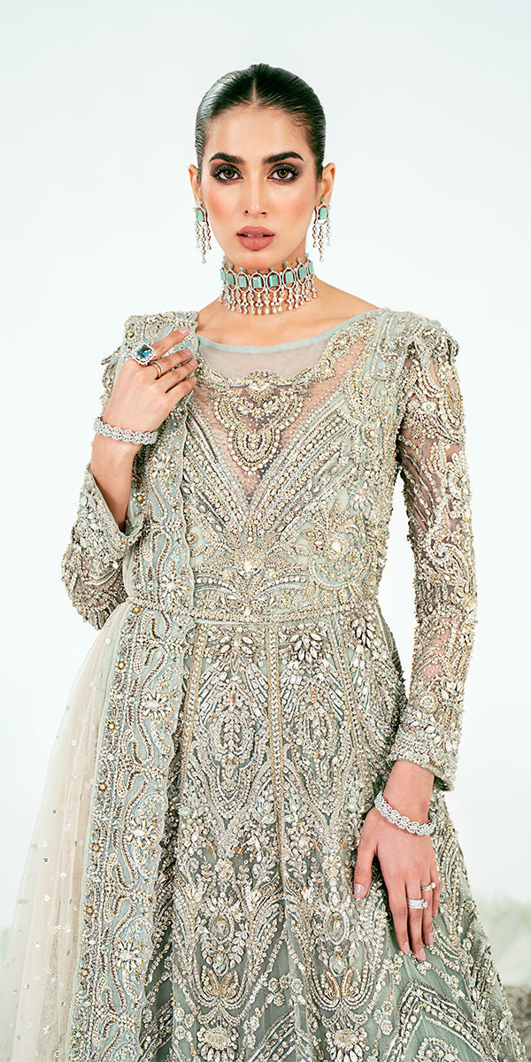 Latest Mint Green Pakistani Bridal Dress in Gown Dupatta Style