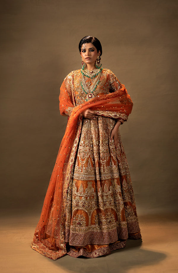 Latest Orange Pakistani Bridal Dress in Pishwas Lehenga Style