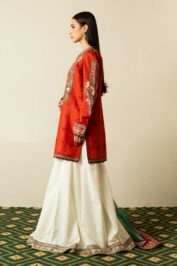 white dress with orange dupatta Off-White Silk Dress with Orange Bandhej Dupatta