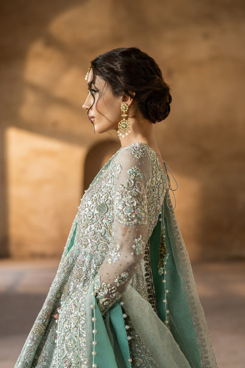 Latest Pakistani Bridal Dress in Blue Lehenga and Frock Style