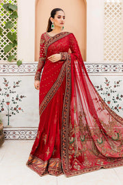 Latest Royal Pakistani Bridal Dress in Deep Red Saree Style