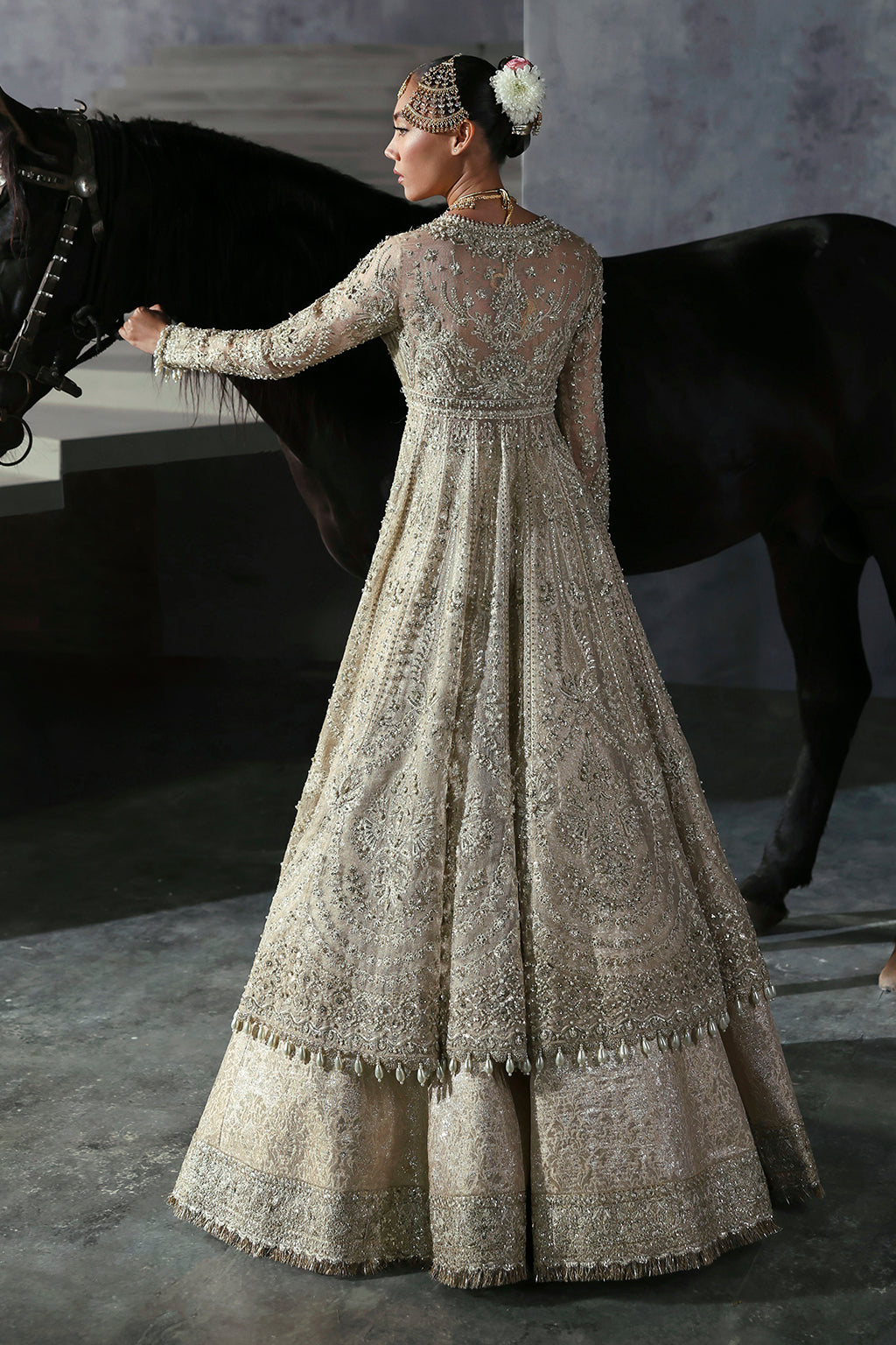 Latest Pakistani Bridal Dress in Gold Frock and Lehenga Style