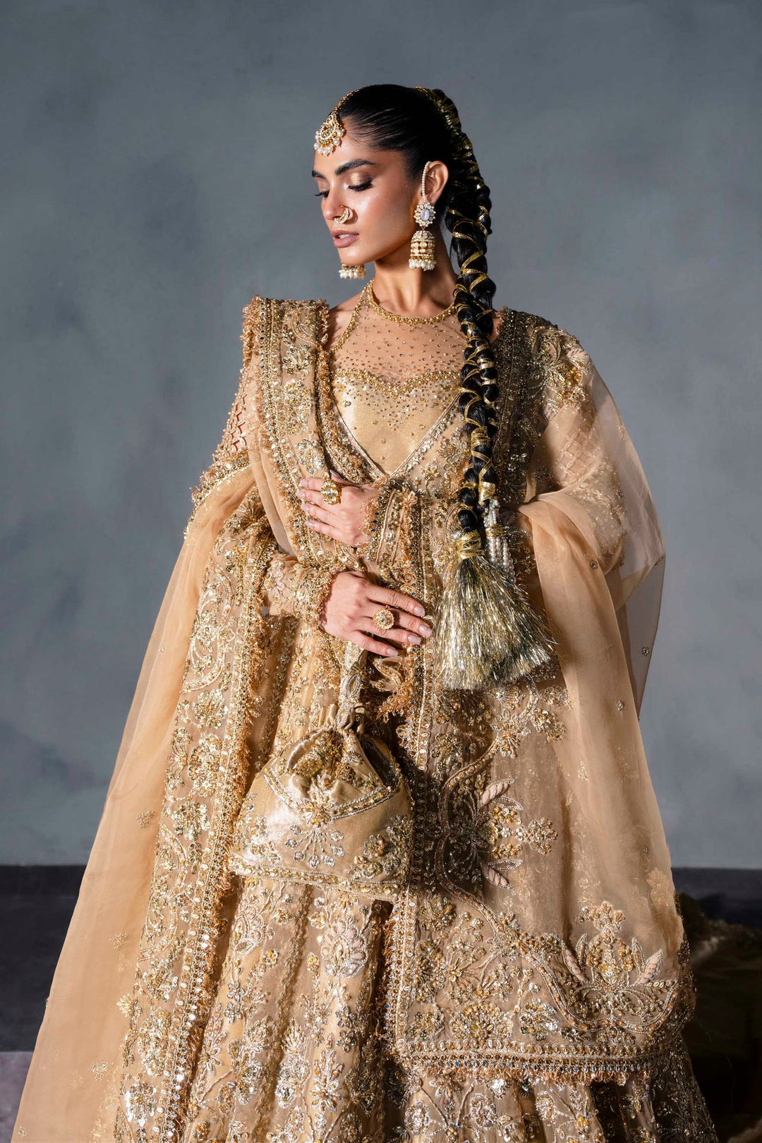 Latest Pakistani Bridal Dress in Gold Pishwas Lehenga Style