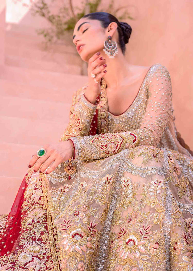 Latest Pakistani Bridal Dress in Golden Lehenga Gown Style