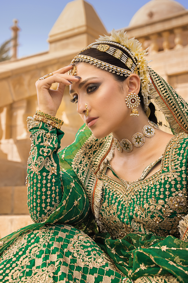 Latest Pakistani Bridal Dress in Green Lehenga Choli Style