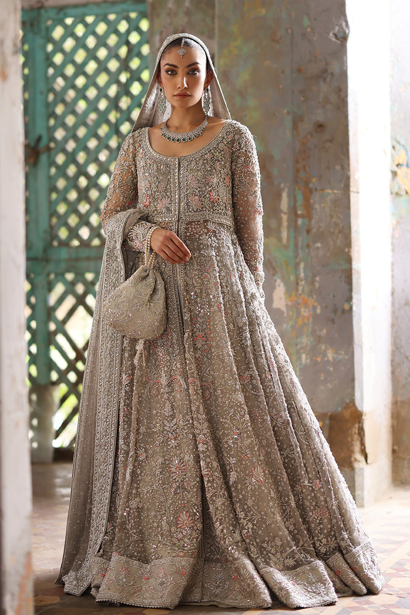 Latest Pakistani Bridal Dress in Grey Pishwas Lehenga Style