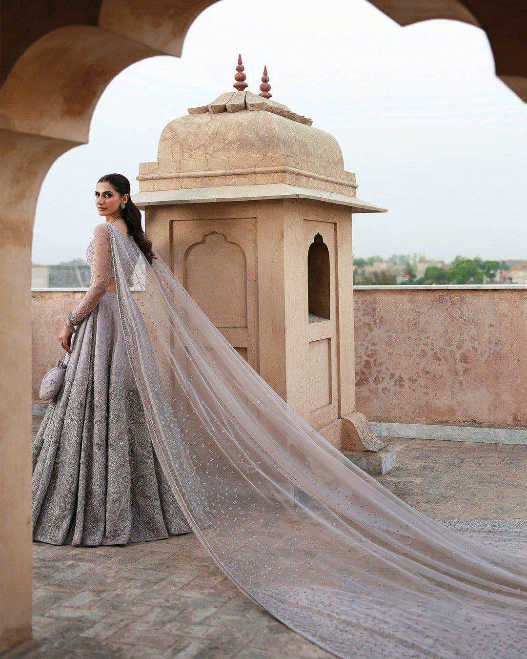 Latest Pakistani Bridal Dress in Lehenga Choli and Veil Style