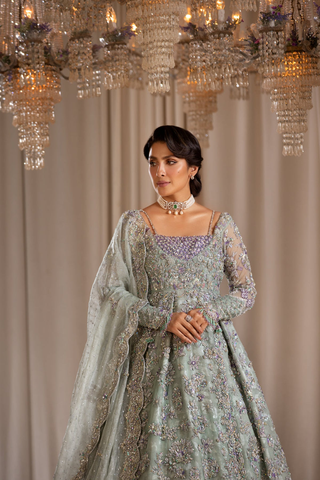 Latest Pakistani Bridal Dress in Mint Gown and Lehenga Style