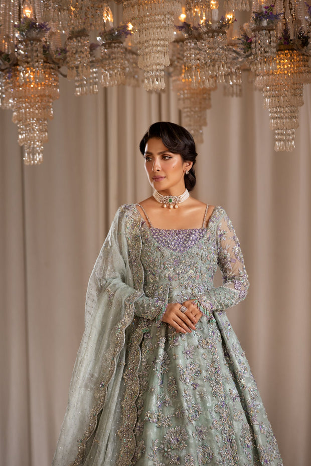 Latest Pakistani Bridal Dress in Mint Gown and Lehenga Style