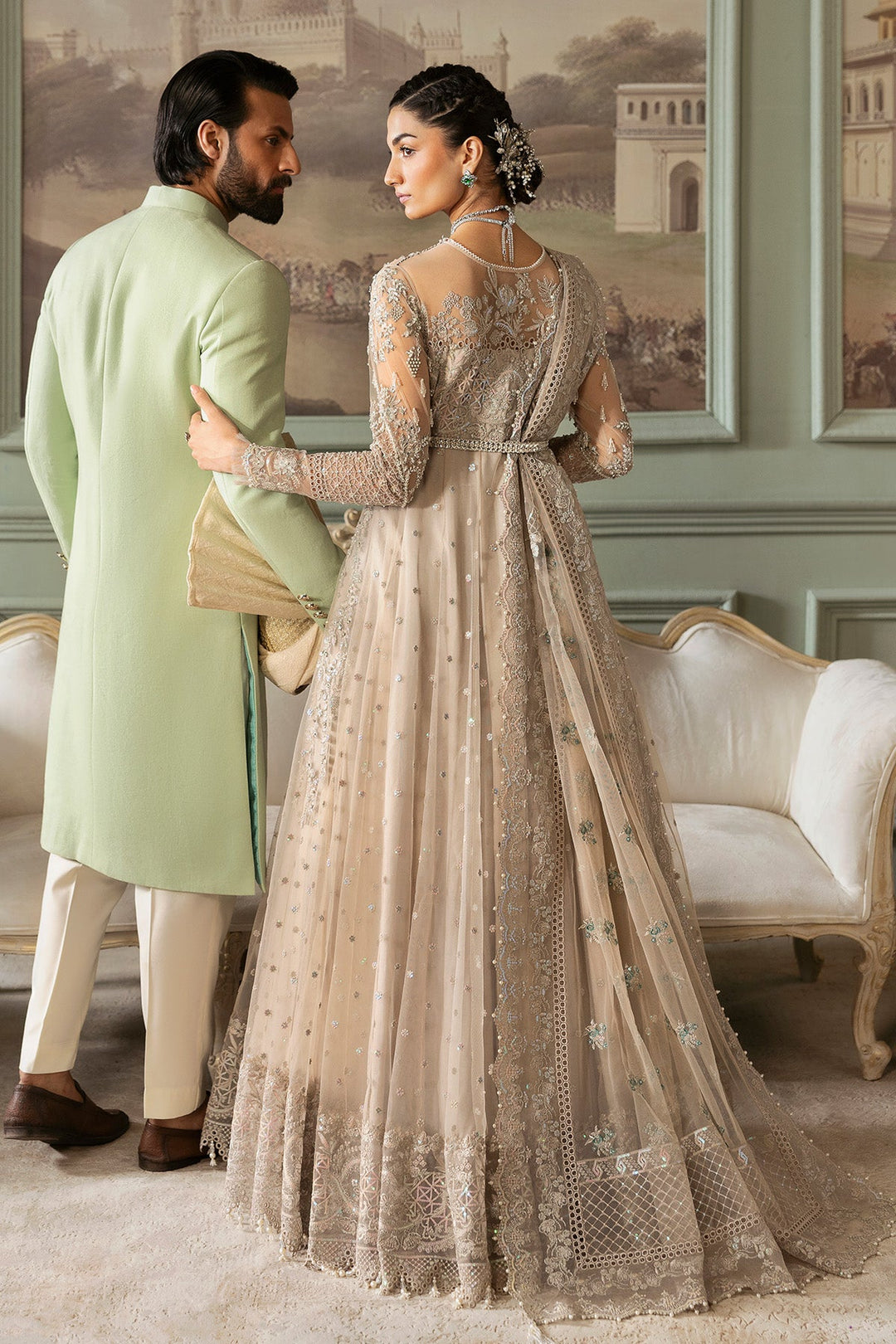 Latest Pakistani Bridal Dress in Net Gown and Dupatta Style