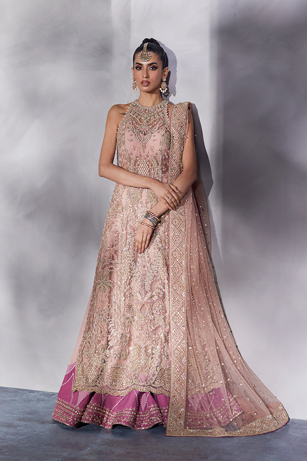 Latest Pakistani Bridal Dress in Net Kameez and Lehenga Style