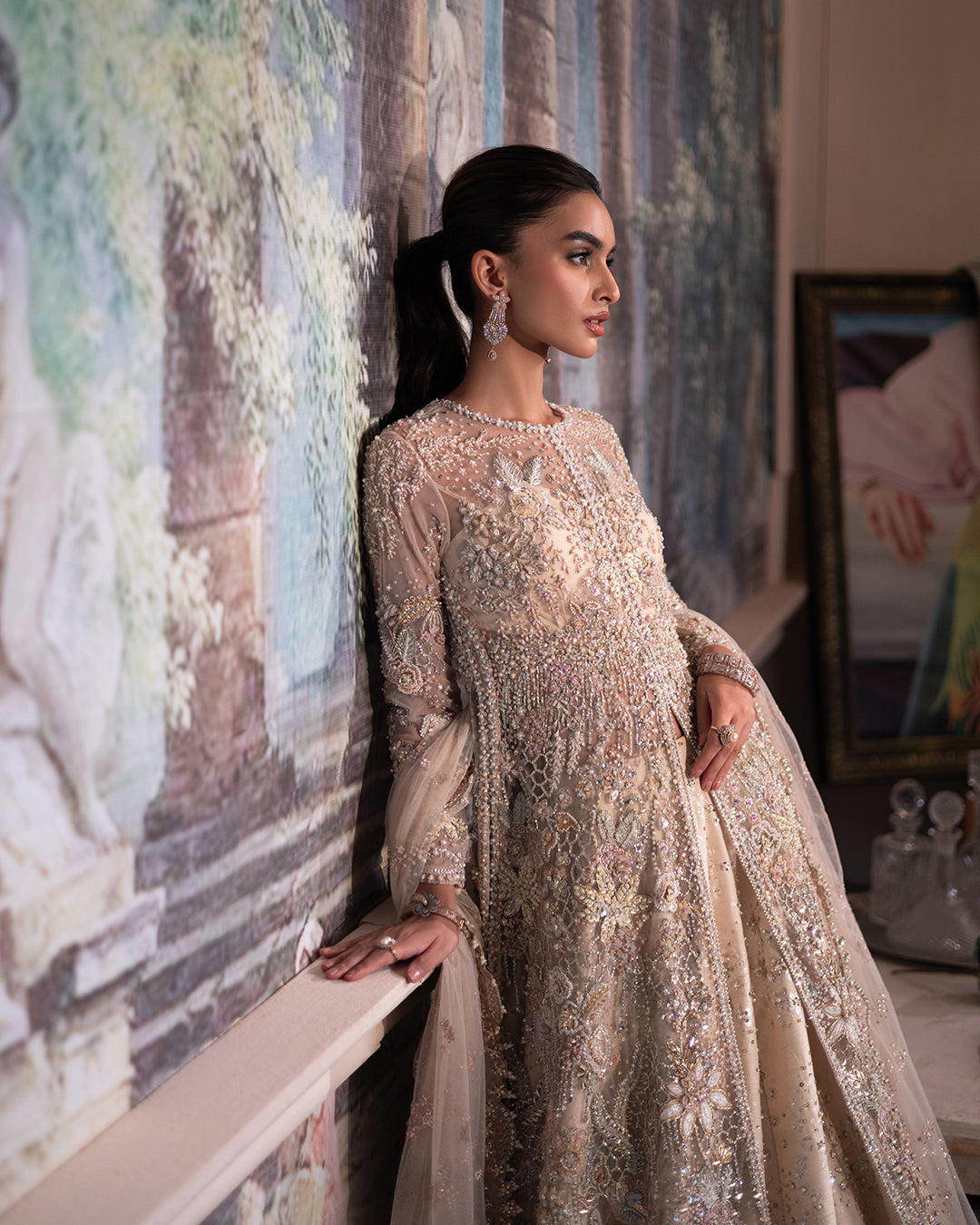 Elegant Pakistani Bridal Dress: Open Gown & Lehenga Style