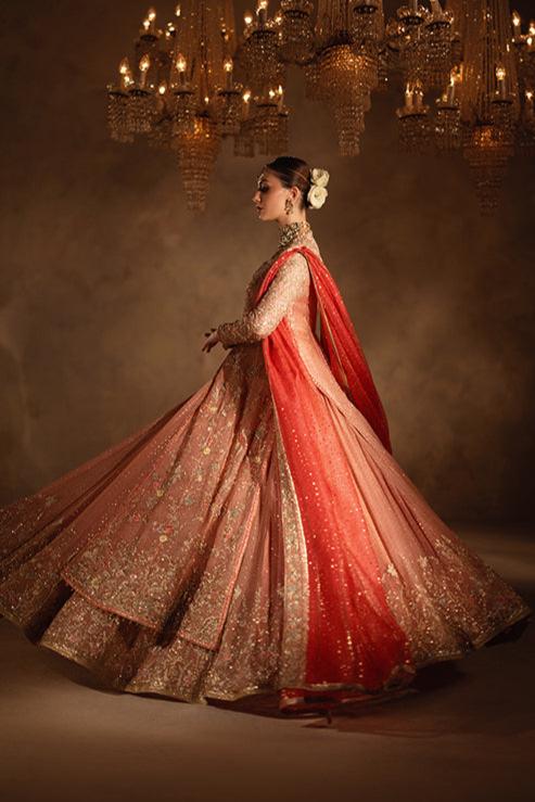 Latest Pakistani Bridal Dress in Pink Pishwas Lehenga Style