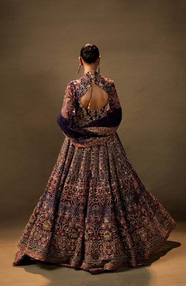 Latest Pakistani Bridal Dress in Purple Gown and Lehenga Style