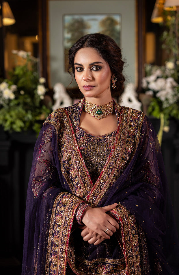 Latest Pakistani Bridal Dress in Purple Lehenga Gown Style