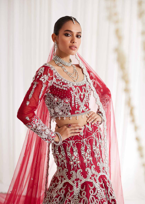 Latest Pakistani Bridal Dress in Red Choli and Lehenga Style